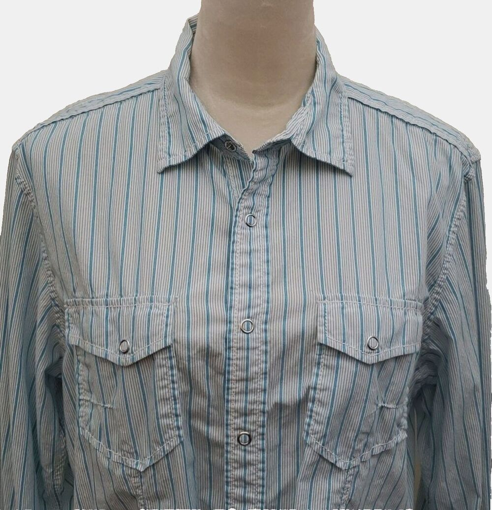International Concepts Blue and White Stripe Snap Closure Long Sleeve Shirt, Med